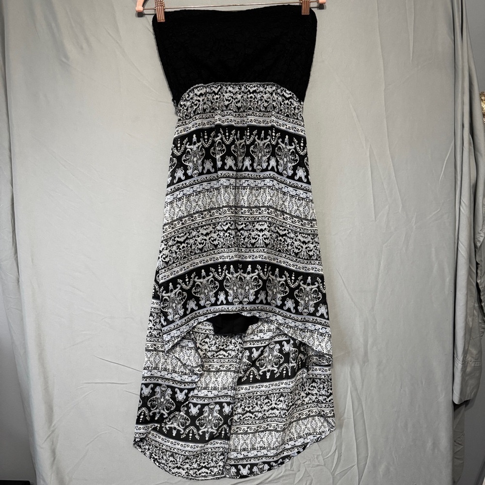 Womens Size Large Strapless Dress Black White Crochet Open Back Resort Tropical